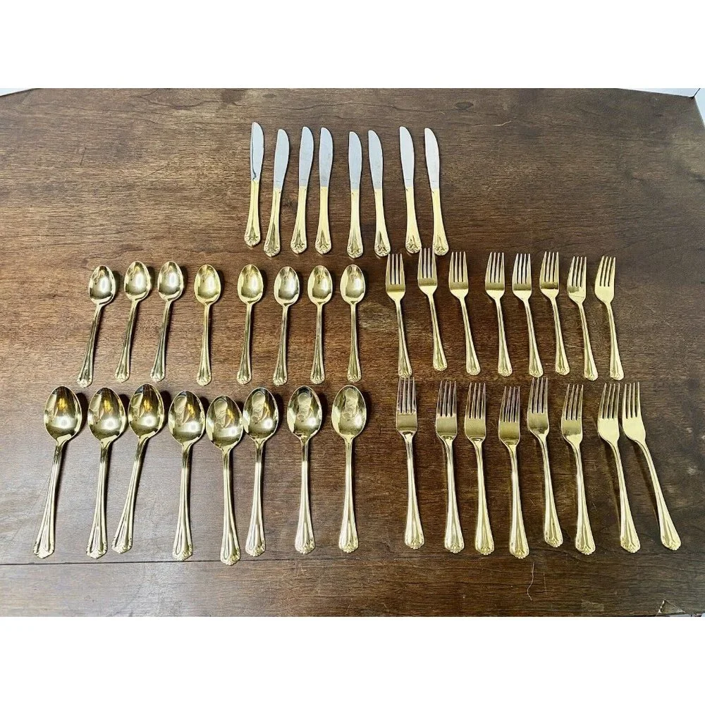 Hamptons Silversmiths 199 Gold‎ Tone Flatware Lot Of 40 Spoons Forks Knives